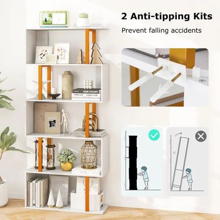 5-Tier/6-Tier Geometric Bookcase with Metal Frame and Anti-tipping Kits-5 Tier Costway