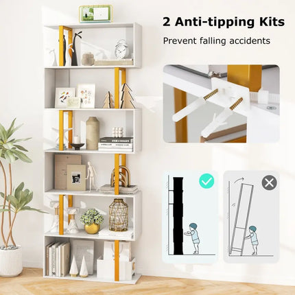 5-Tier/6-Tier Geometric Bookcase with Metal Frame and Anti-tipping Kits-6-Tier Costway