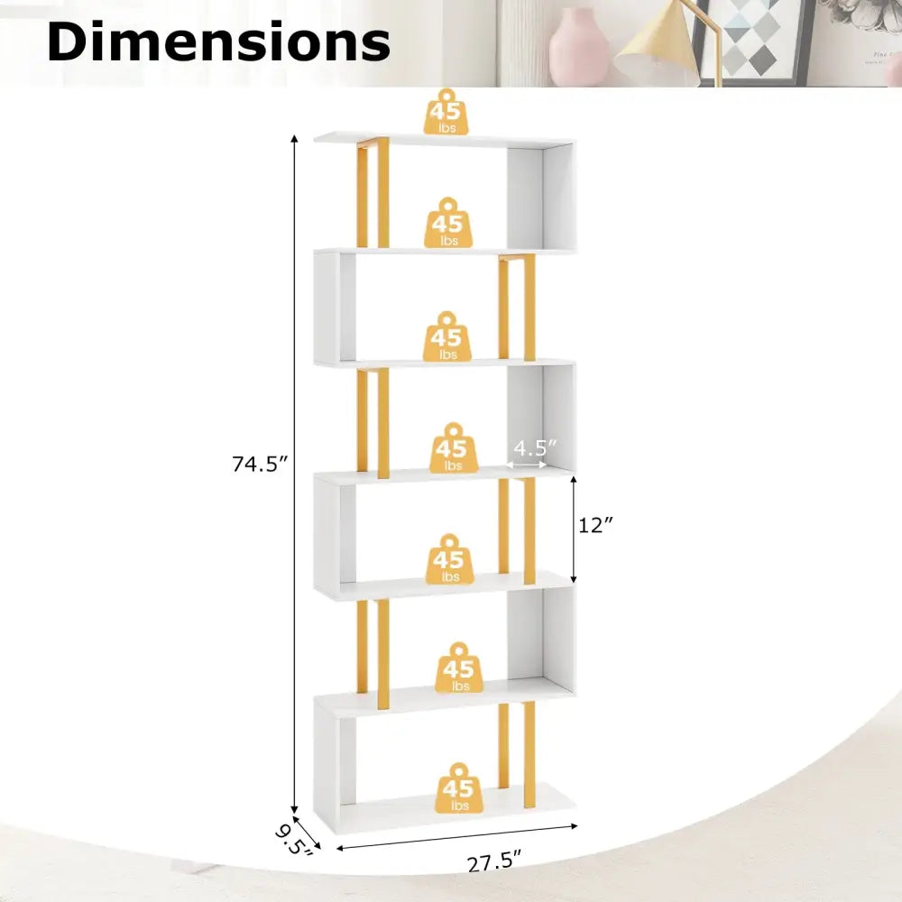 5-Tier/6-Tier Geometric Bookcase with Metal Frame and Anti-tipping Kits-6-Tier - White - Bookcases