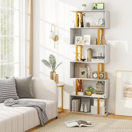 5-Tier/6-Tier Geometric Bookcase with Metal Frame and Anti-tipping Kits-6-Tier Costway
