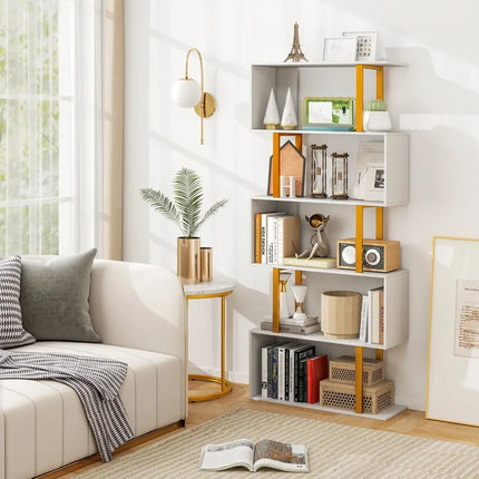 5-Tier/6-Tier Geometric Bookcase with Metal Frame and Anti-tipping Kits-5 Tier Costway