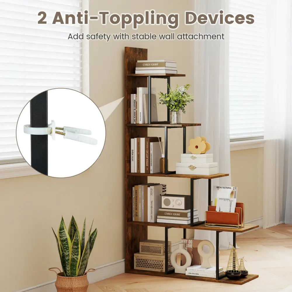 5-Tier 62 Inch Tall Stepped Bookshelf with Heavy Duty Metal Frame-Rustic Brown - Rustic Brown - Bookcases