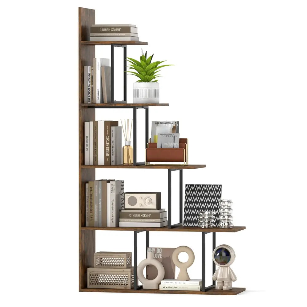 5-Tier 62 Inch Tall Stepped Bookshelf with Heavy Duty Metal Frame-Rustic Brown - Rustic Brown - Bookcases