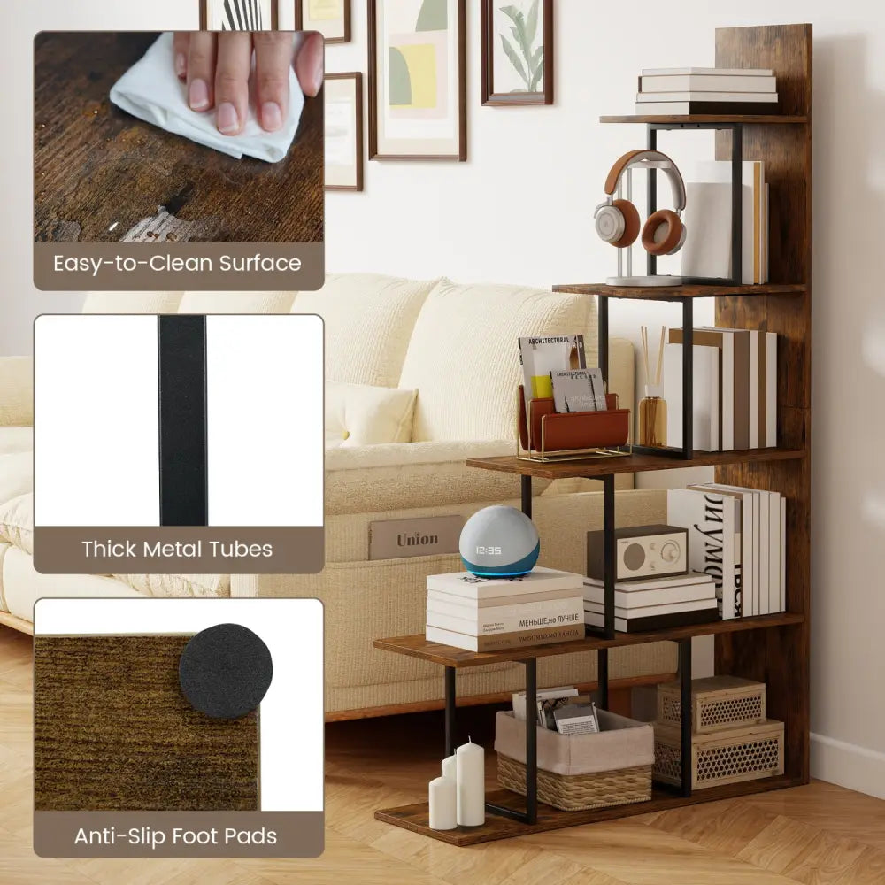 5-Tier 62 Inch Tall Stepped Bookshelf with Heavy Duty Metal Frame-Rustic Brown - Rustic Brown - Bookcases