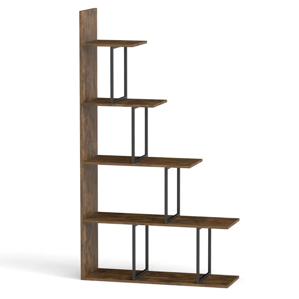 5-Tier 62 Inch Tall Stepped Bookshelf with Heavy Duty Metal Frame-Rustic Brown - Rustic Brown - Bookcases