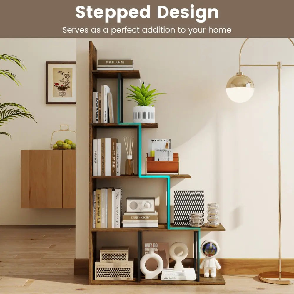 5-Tier 62 Inch Tall Stepped Bookshelf with Heavy Duty Metal Frame-Rustic Brown - Rustic Brown - Bookcases