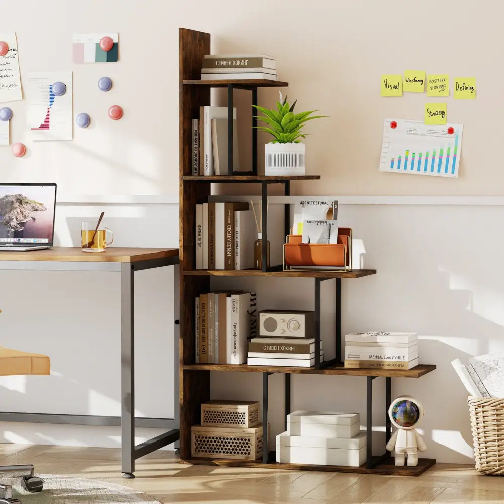 5-Tier 62 Inch Tall Stepped Bookshelf with Heavy Duty Metal Frame-Rustic Brown - Rustic Brown - Bookcases