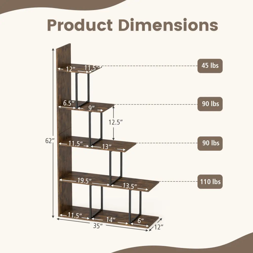 5-Tier 62 Inch Tall Stepped Bookshelf with Heavy Duty Metal Frame-Rustic Brown - Rustic Brown - Bookcases