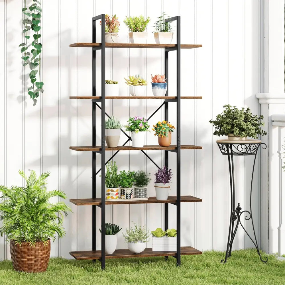 5-Tier 62 Inch Tall Vintage Industrial Bookcase with Open Storage Shelves-Rustic Brown - Rustic Brown - Bookcases