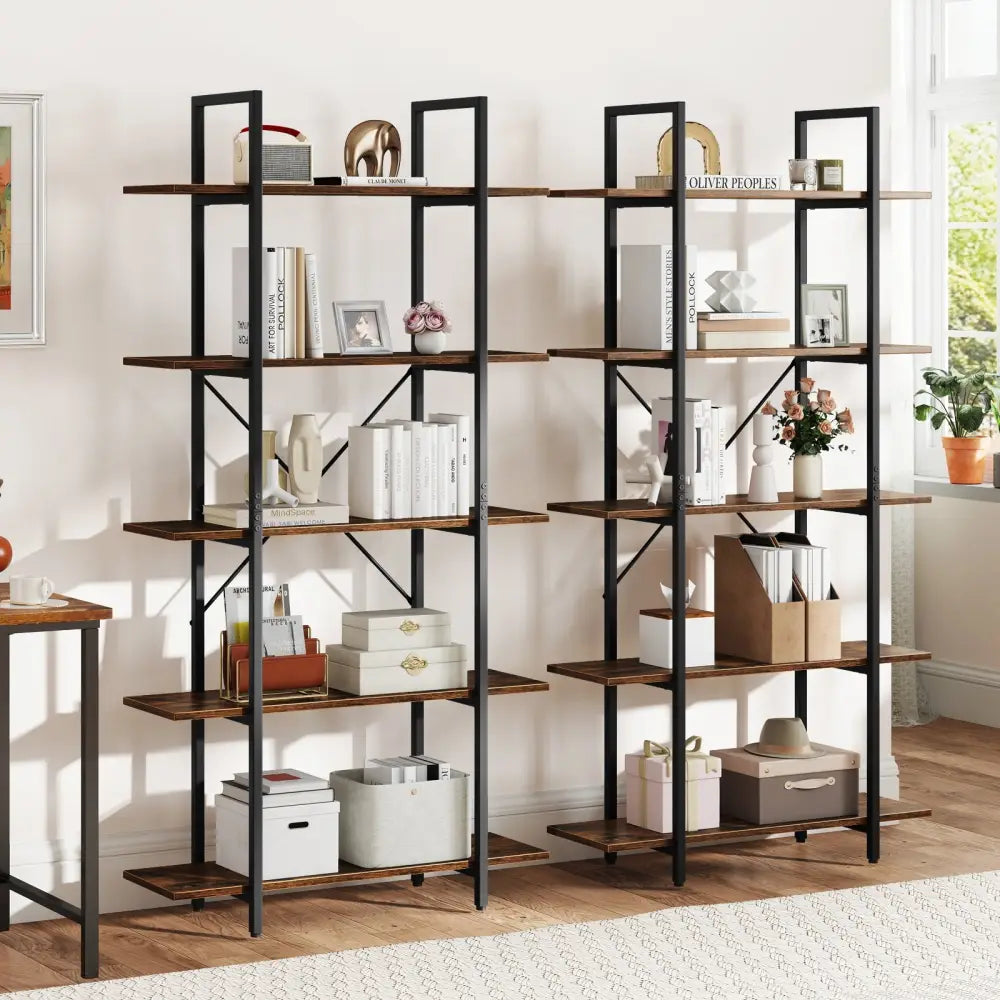 5-Tier 62 Inch Tall Vintage Industrial Bookcase with Open Storage Shelves-Rustic Brown - Rustic Brown - Bookcases