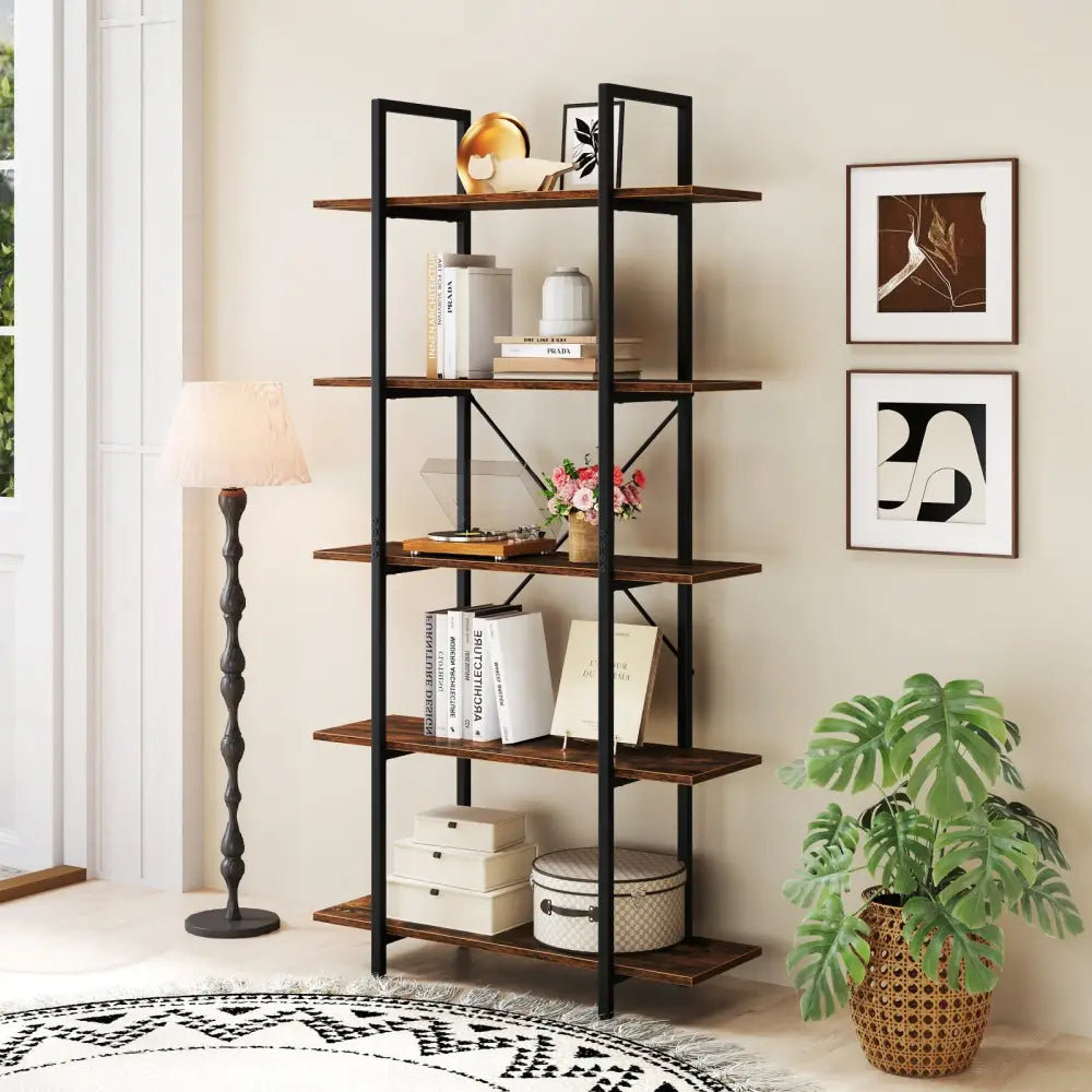 5-Tier 62 Inch Tall Vintage Industrial Bookcase with Open Storage Shelves-Rustic Brown - Rustic Brown - Bookcases