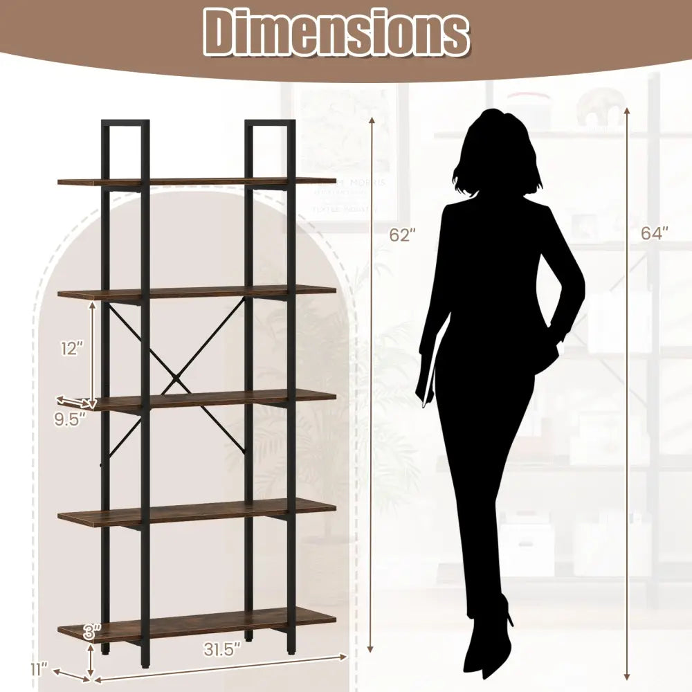 5-Tier 62 Inch Tall Vintage Industrial Bookcase with Open Storage Shelves-Rustic Brown - Rustic Brown - Bookcases