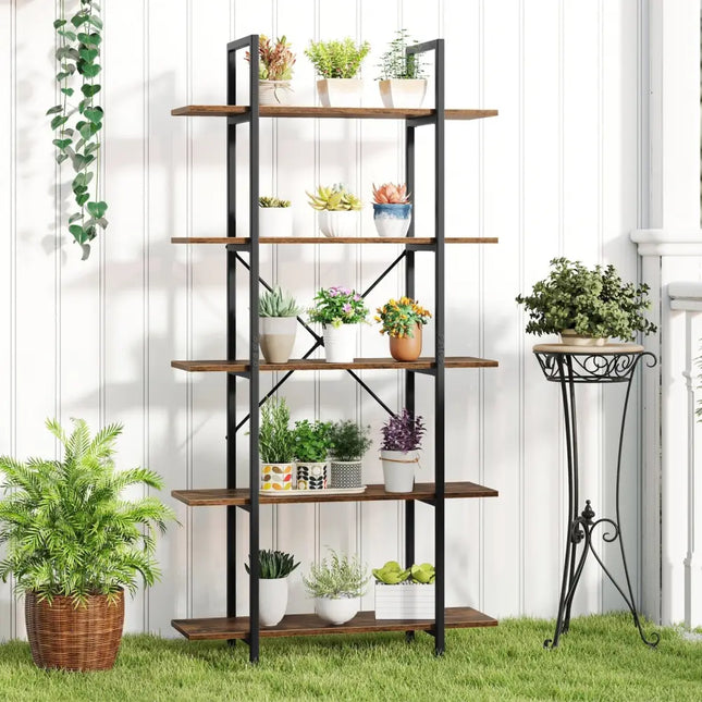 5-Tier 62 Inch Tall Vintage Industrial Bookcase with Open Storage Shelves-Rustic Brown Costway