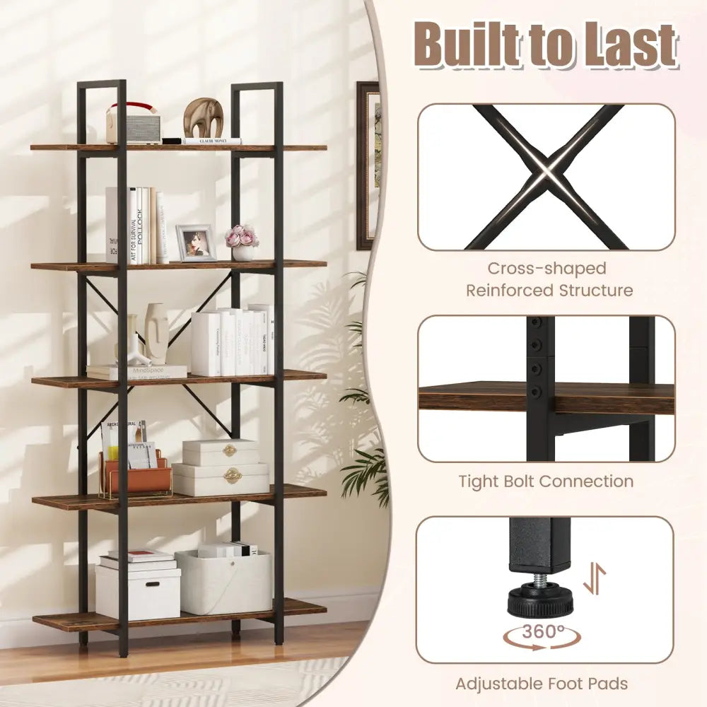5-Tier 62 Inch Tall Vintage Industrial Bookcase with Open Storage Shelves-Rustic Brown - Rustic Brown - Bookcases