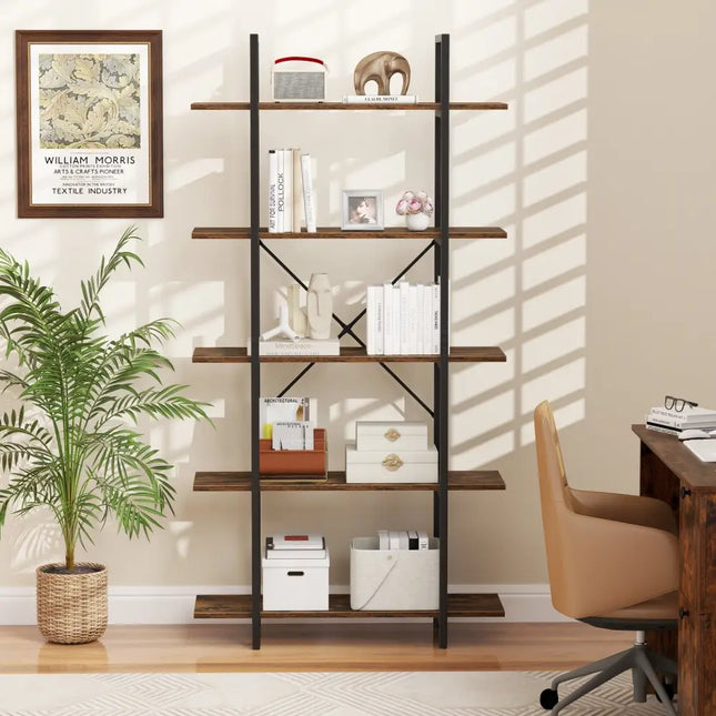 5-Tier 62 Inch Tall Vintage Industrial Bookcase with Open Storage Shelves-Rustic Brown Costway
