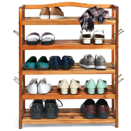 5-Tier Acacia Wood Shoe Rack with Side Metal Hooks - Natural - Shoe Racks & Storage Benches