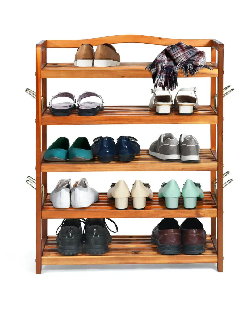 5-Tier Acacia Wood Shoe Rack with Side Metal Hooks - Natural - Shoe Racks & Storage Benches