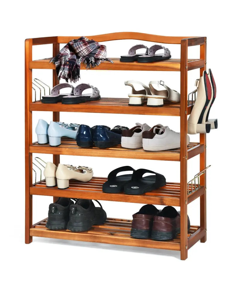 5-Tier Acacia Wood Shoe Rack with Side Metal Hooks - Natural - Shoe Racks & Storage Benches
