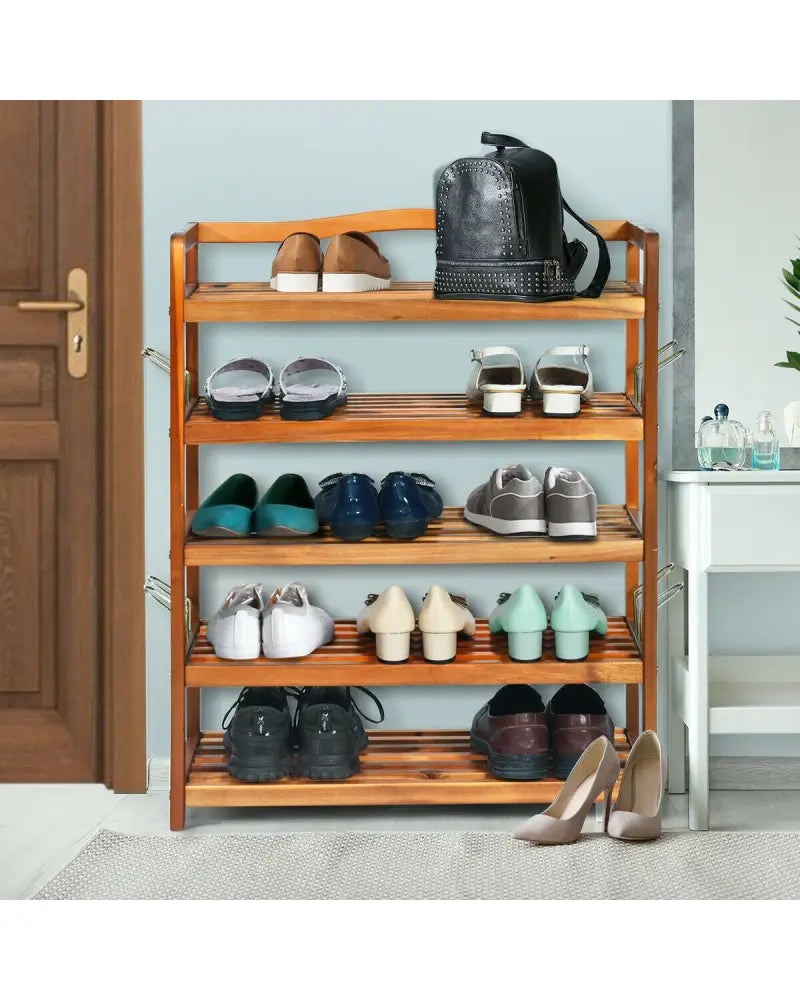 5-Tier Acacia Wood Shoe Rack with Side Metal Hooks - Natural - Shoe Racks & Storage Benches