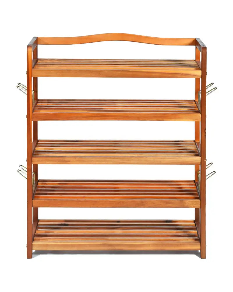 5-Tier Acacia Wood Shoe Rack with Side Metal Hooks - Natural - Shoe Racks & Storage Benches