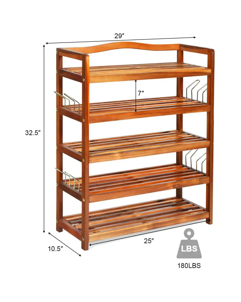 5-Tier Acacia Wood Shoe Rack with Side Metal Hooks - Natural - Shoe Racks & Storage Benches