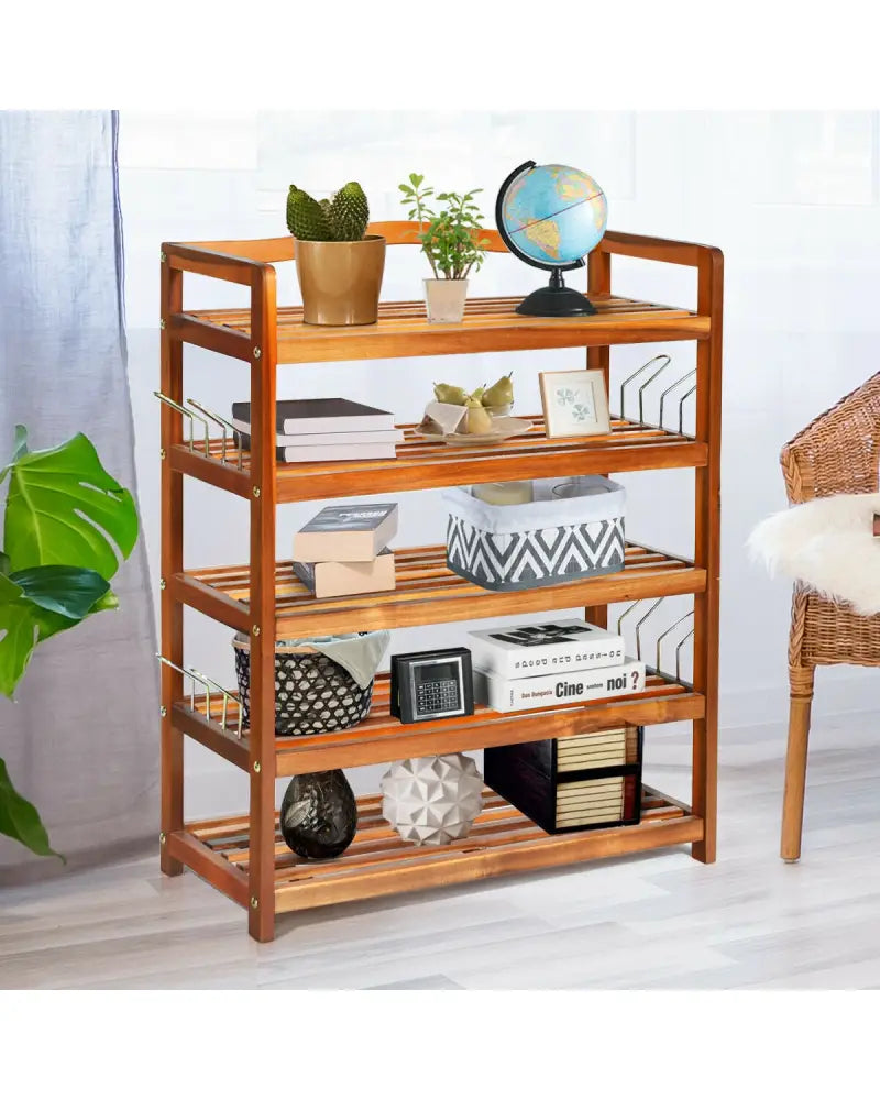 5-Tier Acacia Wood Shoe Rack with Side Metal Hooks - Natural - Shoe Racks & Storage Benches