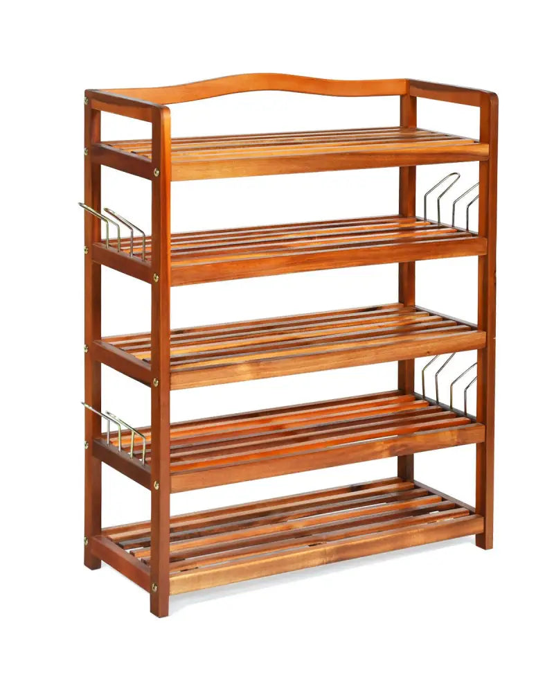 5-Tier Acacia Wood Shoe Rack with Side Metal Hooks - Natural - Shoe Racks & Storage Benches