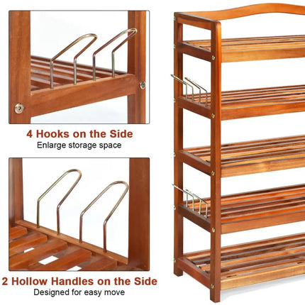 5-Tier Acacia Wood Shoe Rack with Side Metal Hooks - Natural - Shoe Racks & Storage Benches