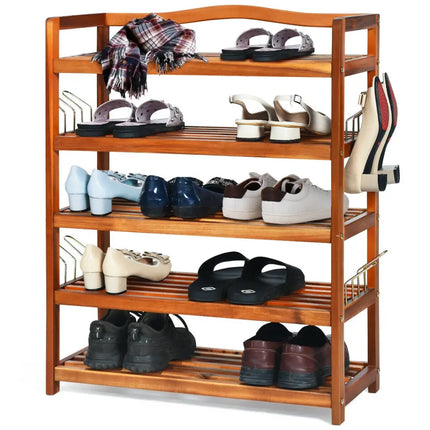 5-Tier Acacia Wood Shoe Rack with Side Metal Hooks - Natural - Shoe Racks & Storage Benches