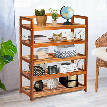 5-Tier Acacia Wood Shoe Rack with Side Metal Hooks - Natural - Shoe Racks & Storage Benches