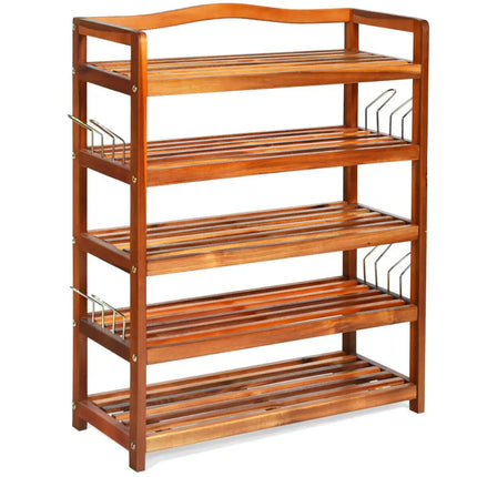 5-Tier Acacia Wood Shoe Rack with Side Metal Hooks - Natural - Shoe Racks & Storage Benches