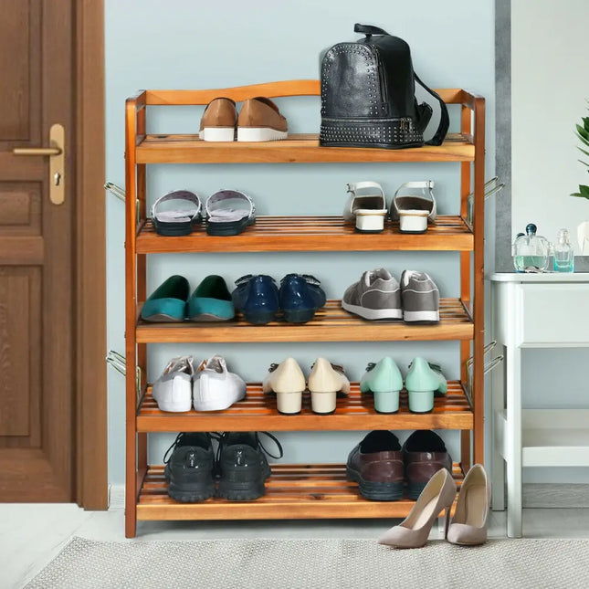 5-Tier Acacia Wood Shoe Rack with Side Metal Hooks - Natural - Shoe Racks & Storage Benches
