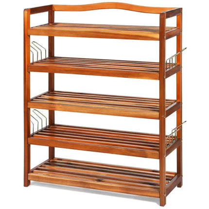 5-Tier Acacia Wood Shoe Rack with Side Metal Hooks - Natural - Shoe Racks & Storage Benches
