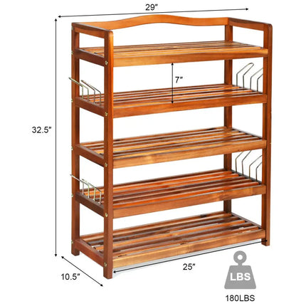 5-Tier Acacia Wood Shoe Rack with Side Metal Hooks - Natural - Shoe Racks & Storage Benches