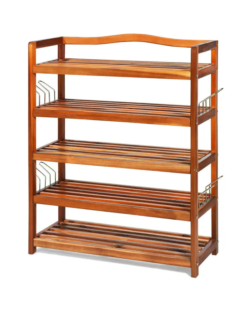 5-Tier Acacia Wood Shoe Rack with Side Metal Hooks - Natural - Shoe Racks & Storage Benches