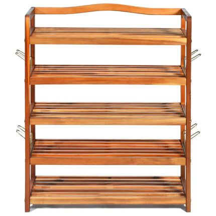 5-Tier Acacia Wood Shoe Rack with Side Metal Hooks - Natural - Shoe Racks & Storage Benches