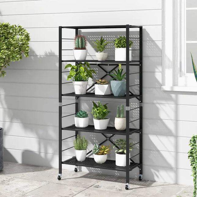 5-Tier Adjustable Shelves with Wheels for Garage Kitchen Balcony-Black - Black - Garages