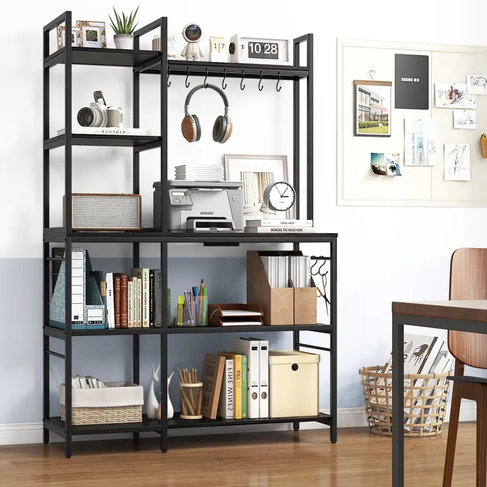 5-Tier Bakers Rack with Power Outlets and 10 S-Shaped Hooks-Black - Black - Baker’s Racks