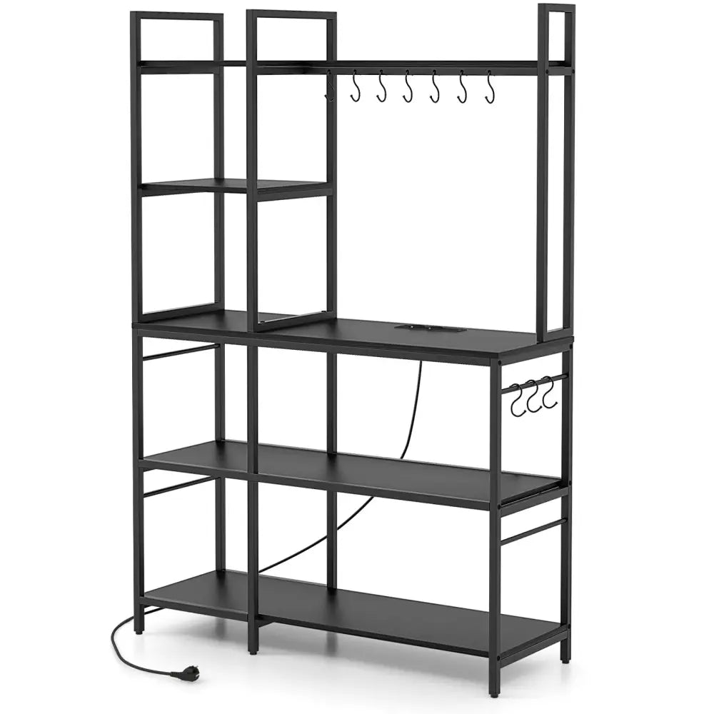 5-Tier Bakers Rack with Power Outlets and 10 S-Shaped Hooks-Black - Black - Baker’s Racks