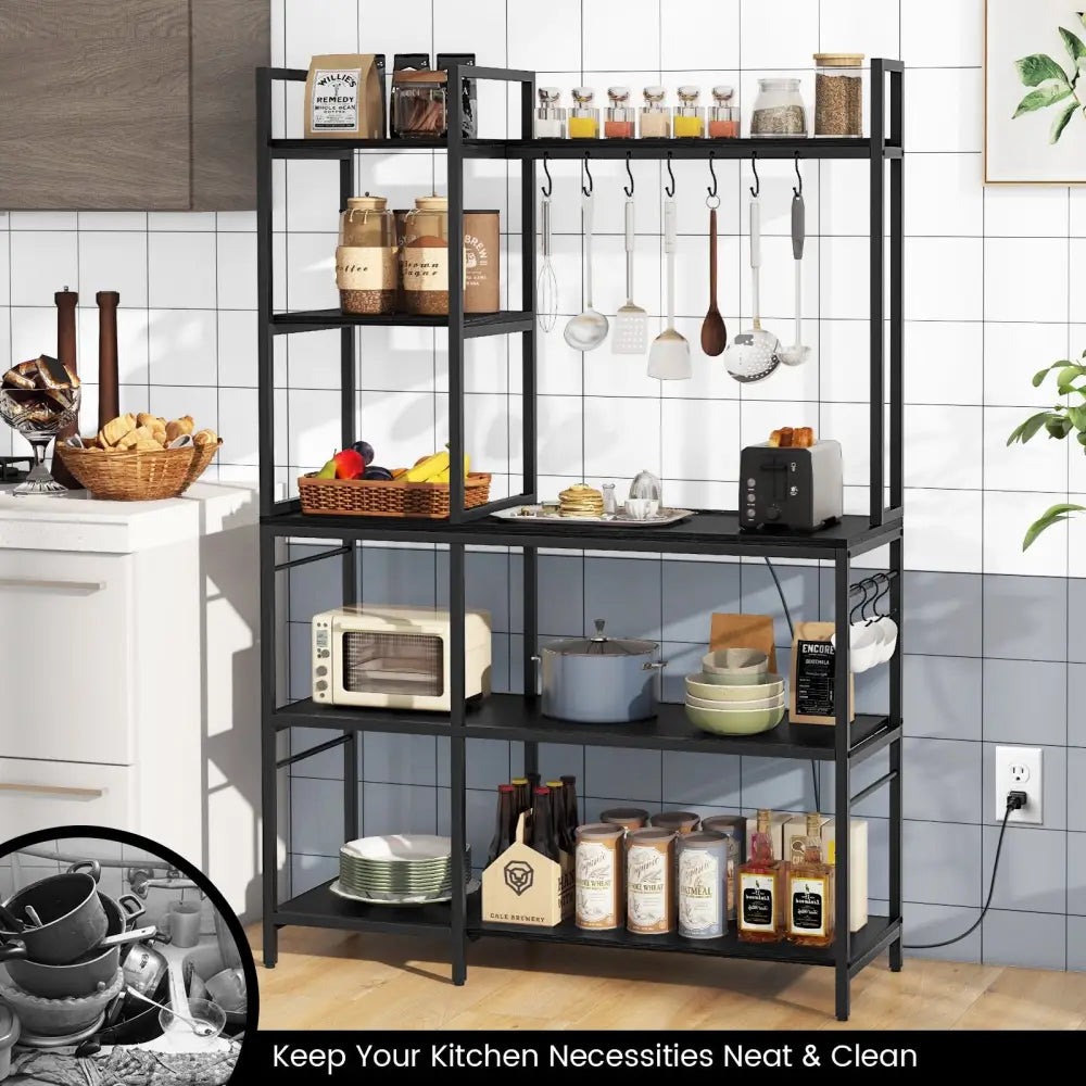 5-Tier Bakers Rack with Power Outlets and 10 S-Shaped Hooks-Black - Black - Baker’s Racks