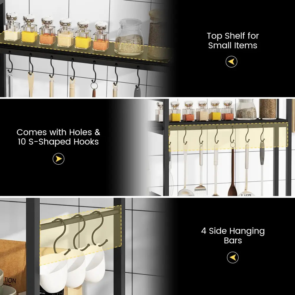 5-Tier Bakers Rack with Power Outlets and 10 S-Shaped Hooks-Black - Black - Baker’s Racks