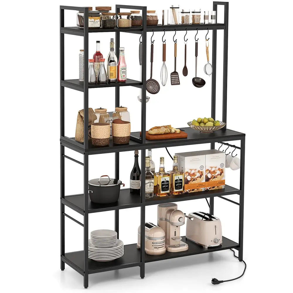 5-Tier Bakers Rack with Power Outlets and 10 S-Shaped Hooks-Black - Black - Baker’s Racks