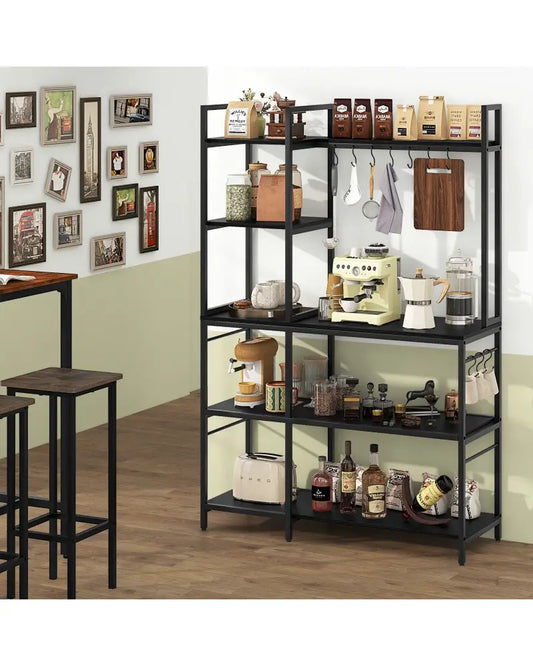 5-Tier Bakers Rack with Power Outlets and 10 S-Shaped Hooks-Black - Black - Baker’s Racks
