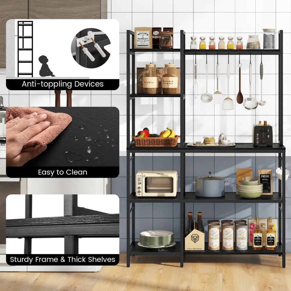 5-Tier Bakers Rack with Power Outlets and 10 S-Shaped Hooks-Black - Black - Baker’s Racks
