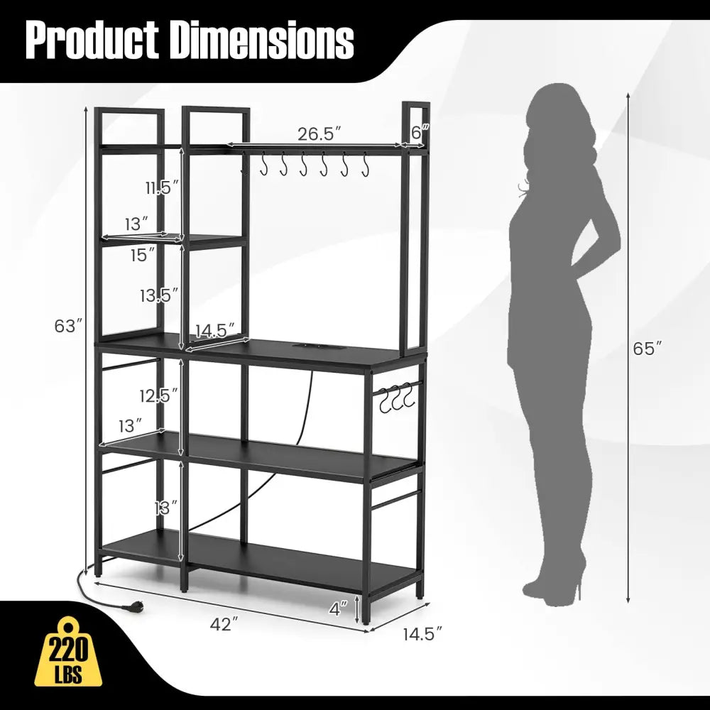 5-Tier Bakers Rack with Power Outlets and 10 S-Shaped Hooks-Black - Black - Baker’s Racks