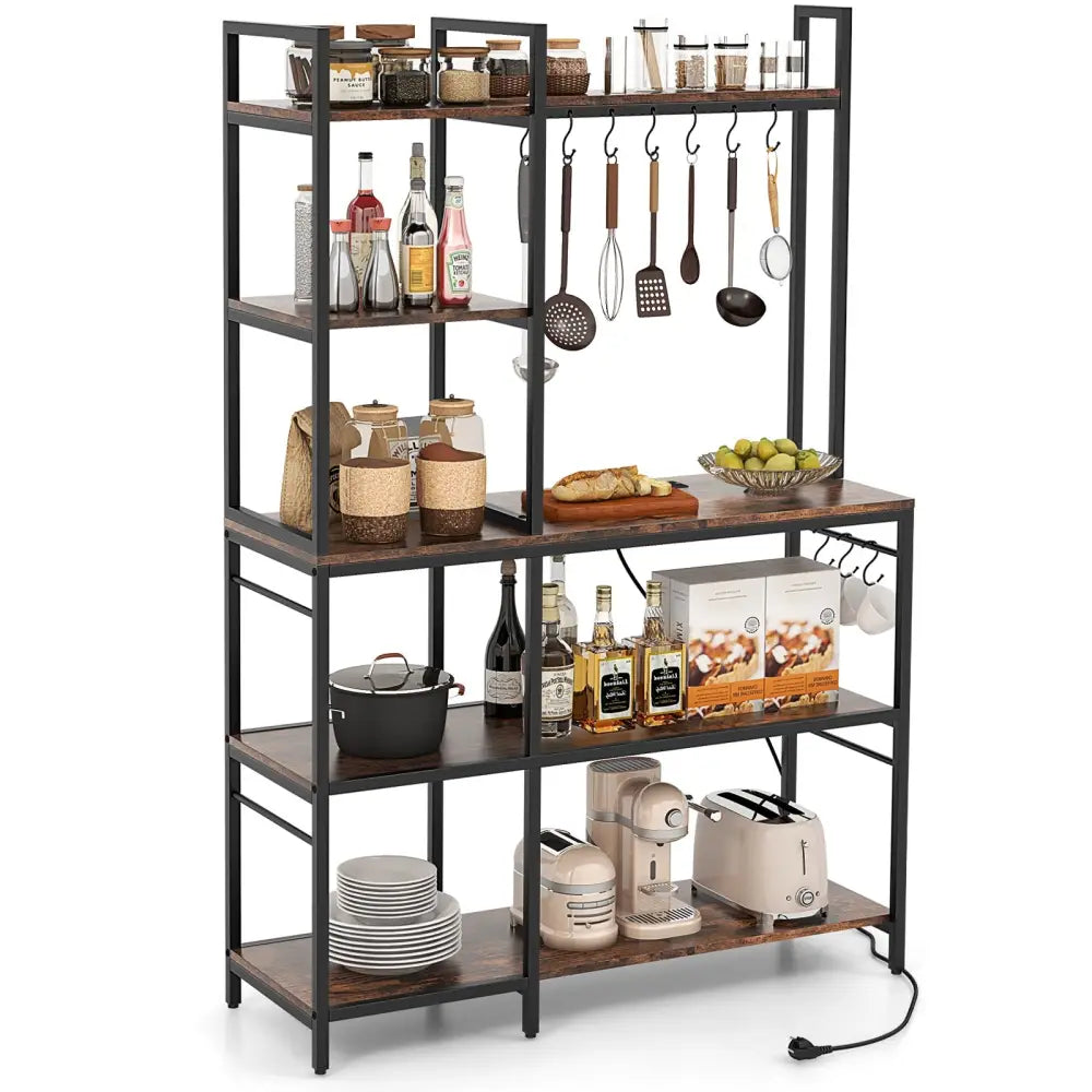 5-Tier Bakers Rack with Power Outlets and 10 S-Shaped Hooks-Rustic Brown - Rustic Brown - Baker’s Racks