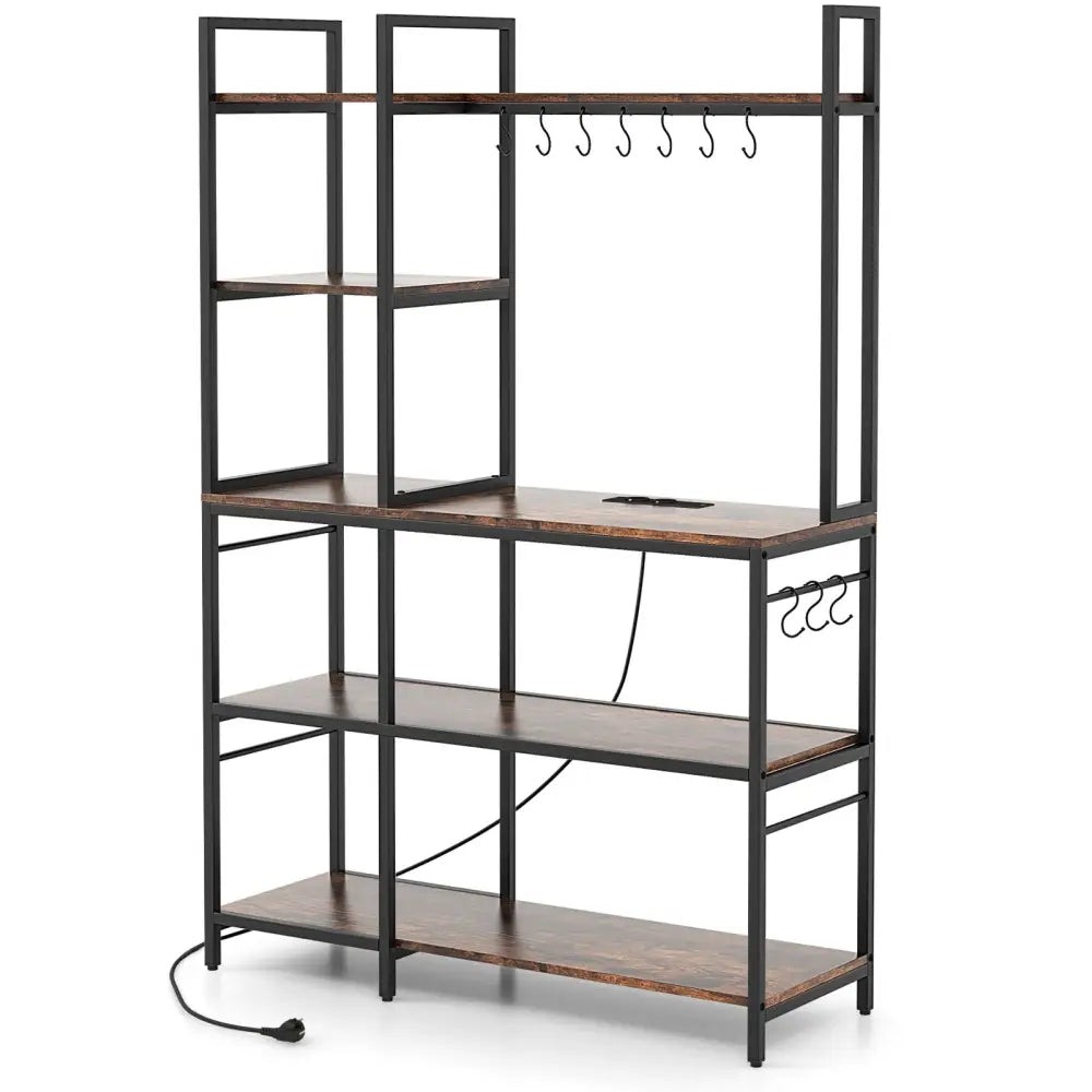 5-Tier Bakers Rack with Power Outlets and 10 S-Shaped Hooks-Rustic Brown - Rustic Brown - Baker’s Racks