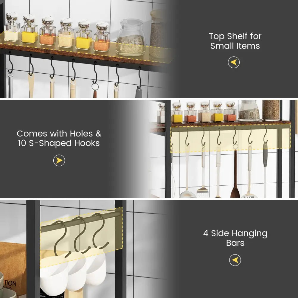 5-Tier Bakers Rack with Power Outlets and 10 S-Shaped Hooks-Rustic Brown - Rustic Brown - Baker’s Racks