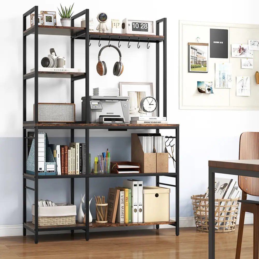 5-Tier Bakers Rack with Power Outlets and 10 S-Shaped Hooks-Rustic Brown - Rustic Brown - Baker’s Racks