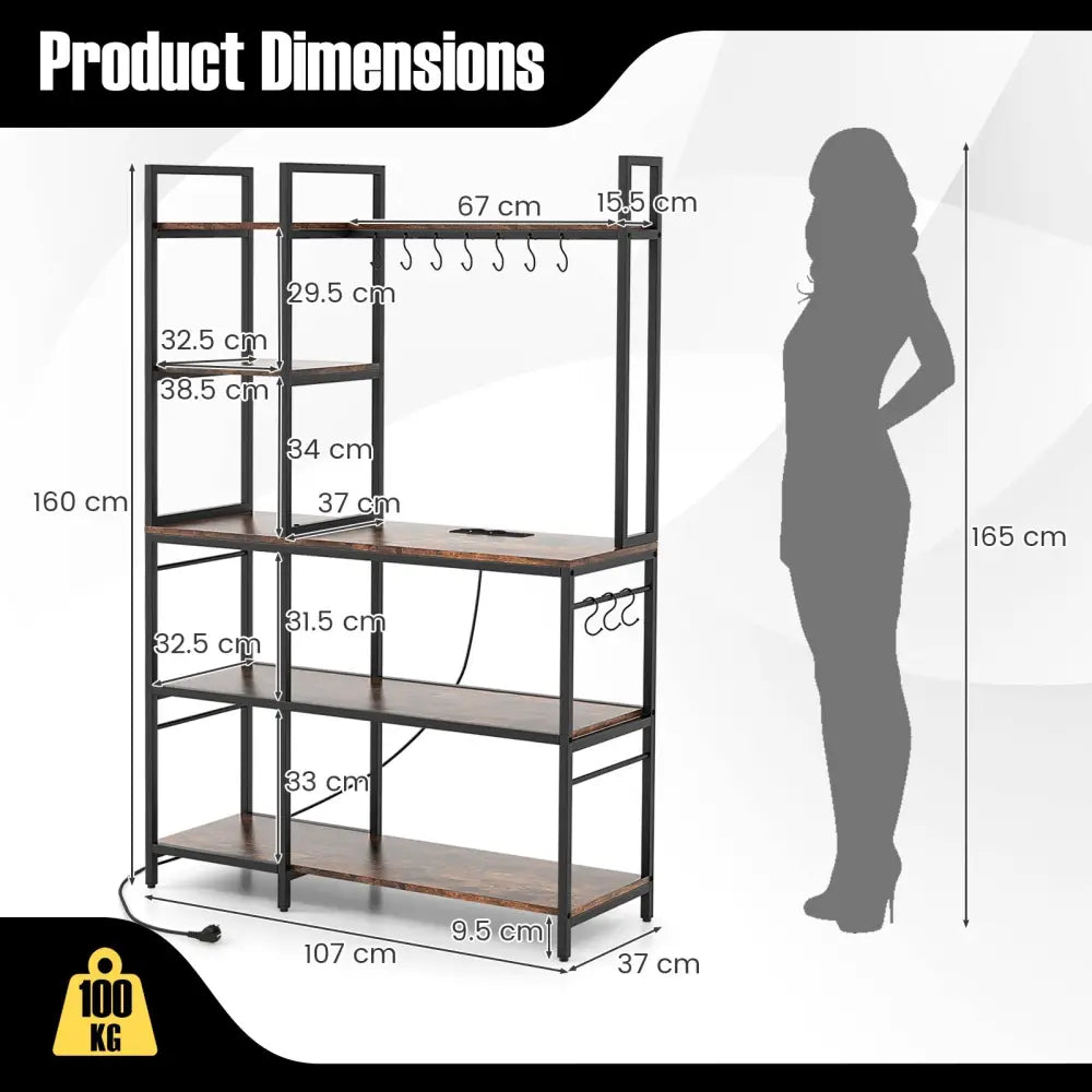 5-Tier Bakers Rack with Power Outlets and 10 S-Shaped Hooks-Rustic Brown - Rustic Brown - Baker’s Racks